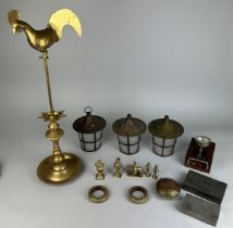 A COLLECTION OF ITEMS TO INCLUDE CEYLON BRASS FIGURES, BANGLES AND COCKEREL LAMP EARLY 20TH CENTURY,