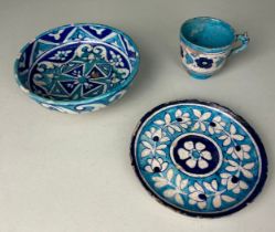 AN INDO-PERSIAN 'MULTAN' 19TH CENTURY BOWL, TEA CUP AND SAUCER (3) Bowl 15cm x 6cm