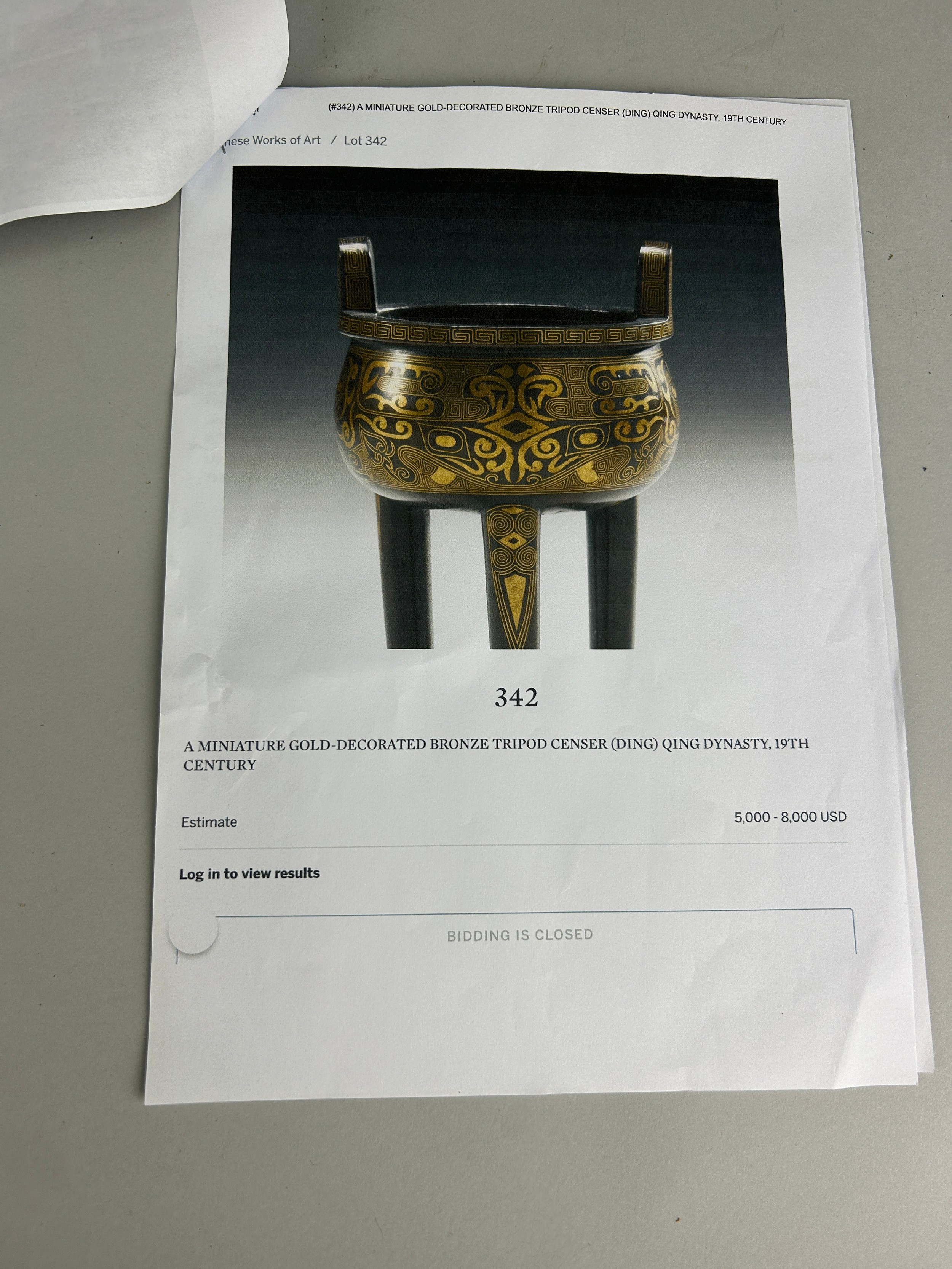 A CHINESE BRONZE RITUAL VESSEL (DING) DECORATED WITH GOLD LEAF, - Image 7 of 7