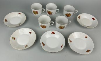FIVE LARGE FRUIT AND NUT DECORATED CUPS WITH SAUCERS (10)