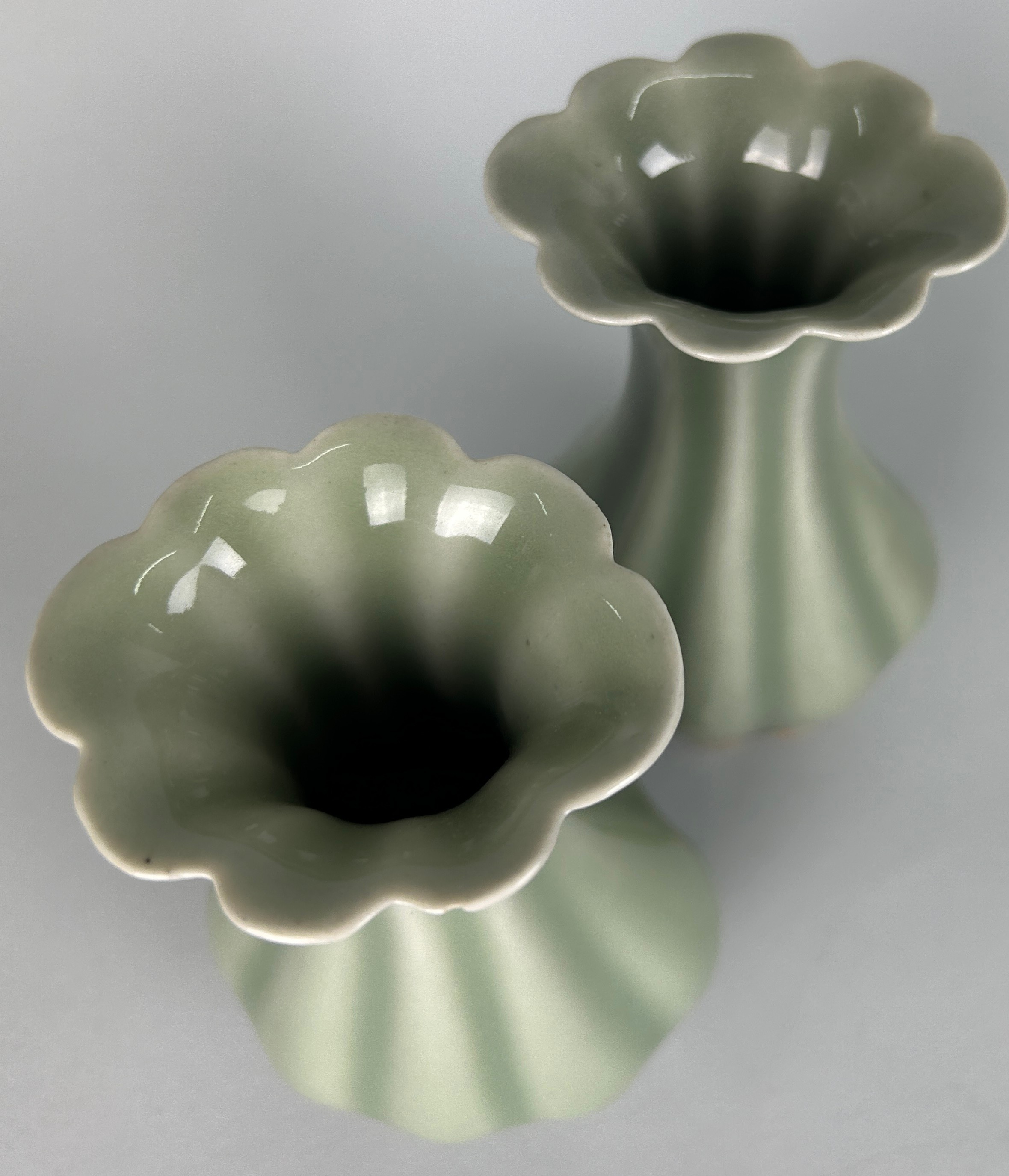 A PAIR OF CELADON YUHUCHUN SHAPED VASES, 20th Century. 15cm H each. - Image 4 of 4
