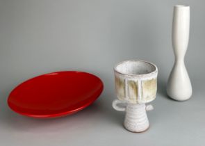 THREE IKEBANA CERAMICS (3), To include one white glazed slim vase, one grey and brown glazed stem