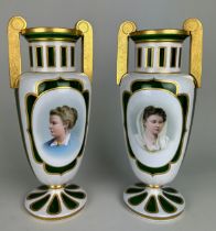 A PAIR OF 19TH CENTURY BOHEMIAN GLASS PEDESTAL VASES EACH WITH CENTRAL PANEL OF PAINTED LADIES (2)