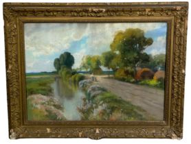 A PASTEL OR OIL PAINTING ON PAPER LAID ON BOARD DEPICTING A LANDSCAPE SCENE WITH MOTHER AND CHILD,