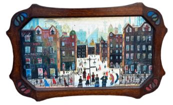 AFTER LS LOWRY: AN OIL ON BOARD PAINTING IN ARTS AND CRAFTS STYLE WOODEN FRAME,