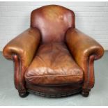 A LARGE ART DECO TAN LEATHER CLUB CHAIR, 85cm x 75cm x 75cm