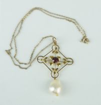 A NATURAL PEARL WITH RED GARNET ON 9CT GOLD SQUARE PENDANT AND CHAIN Total weight: 3.8gms Pearl 14mm