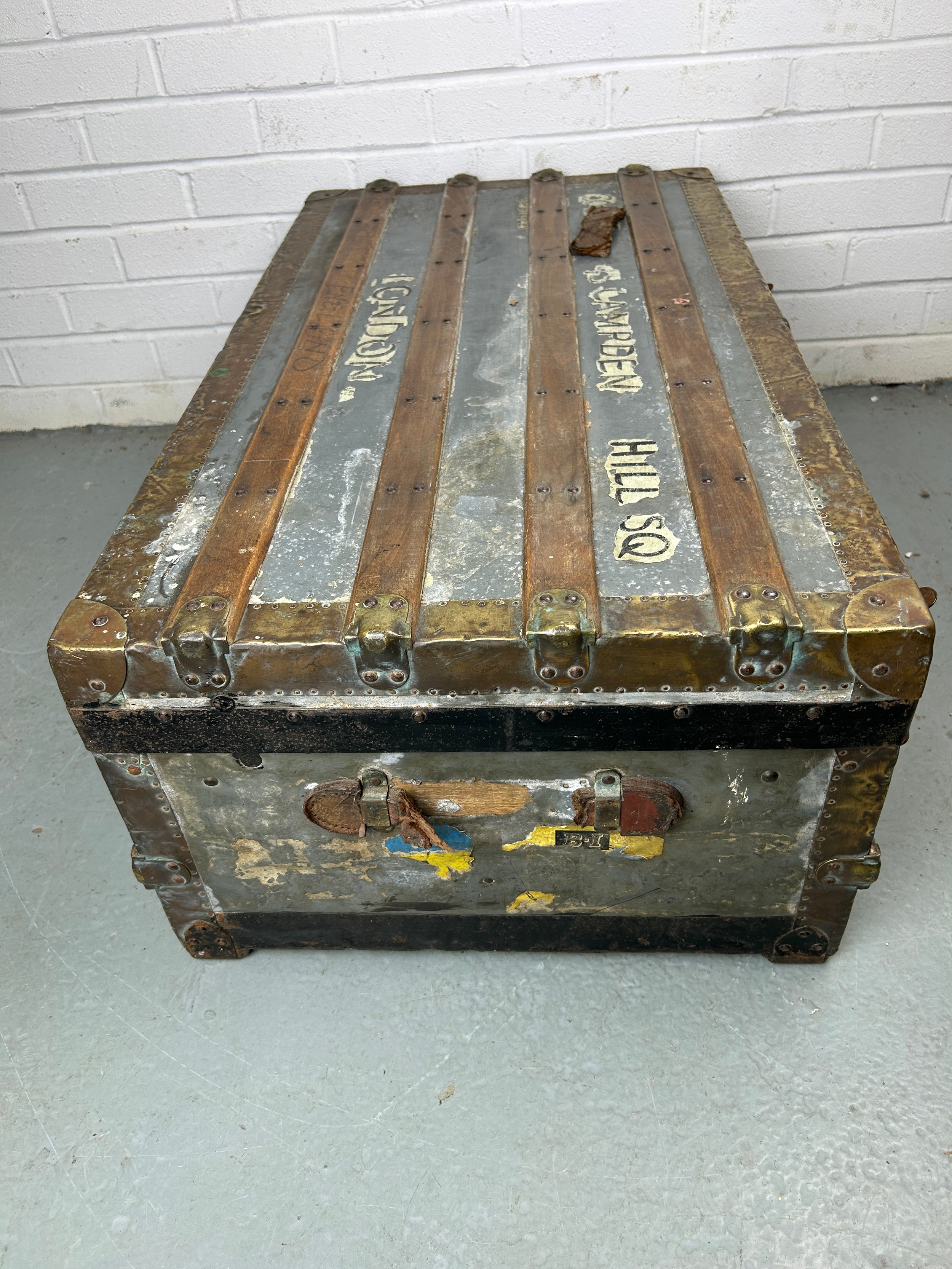 A LARGE ZINC AND BRASS BOUND EXPLORERS TRUNK, 92cm x 52cm x 33cm Late 19th or early 20th Century, - Image 6 of 7