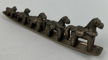 A CHINESE METAL STAND WITH FIVE HORSES OF GRADUATING SIZE, Stand 24cm Largest horse 6cm x 5.5cm