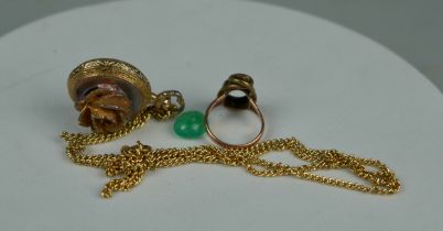 A YELLOW METAL 'JOSMAR' WATCH, along with a part gold and part brass ring with green gem stone (