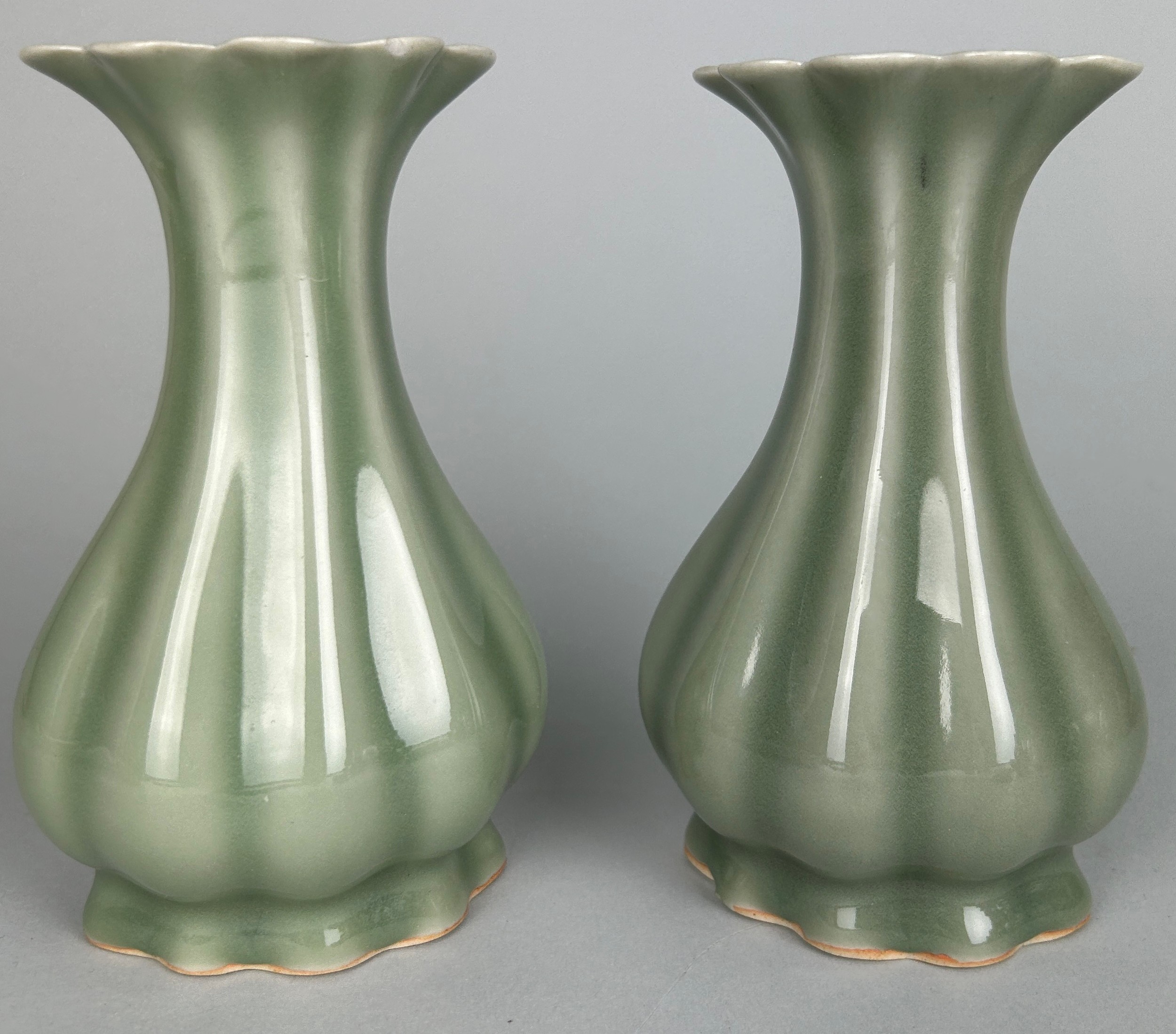 A PAIR OF CELADON YUHUCHUN SHAPED VASES, 20th Century. 15cm H each. - Image 2 of 4