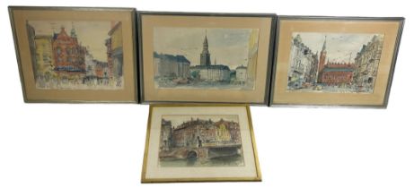 DANISH SCHOOL: A COLLECTION OF FOUR WATERCOLOURS ON PAPER DEPICTING STREET SCENES, Each signed