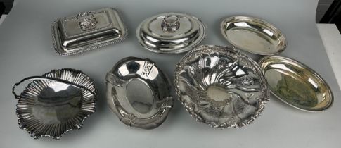 A COLLECTION OF SILVER PLATED ITEMS, To include cake stands, dishes and serving dishes.