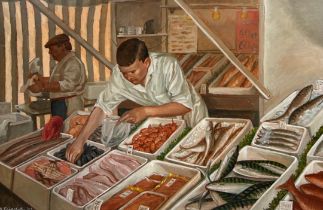 SHIREEN FAIRCLOTH (BRITISH 20TH CENTURY): 'FISH STALL' OIL ON BOARD PAINTING, Depicting two fish
