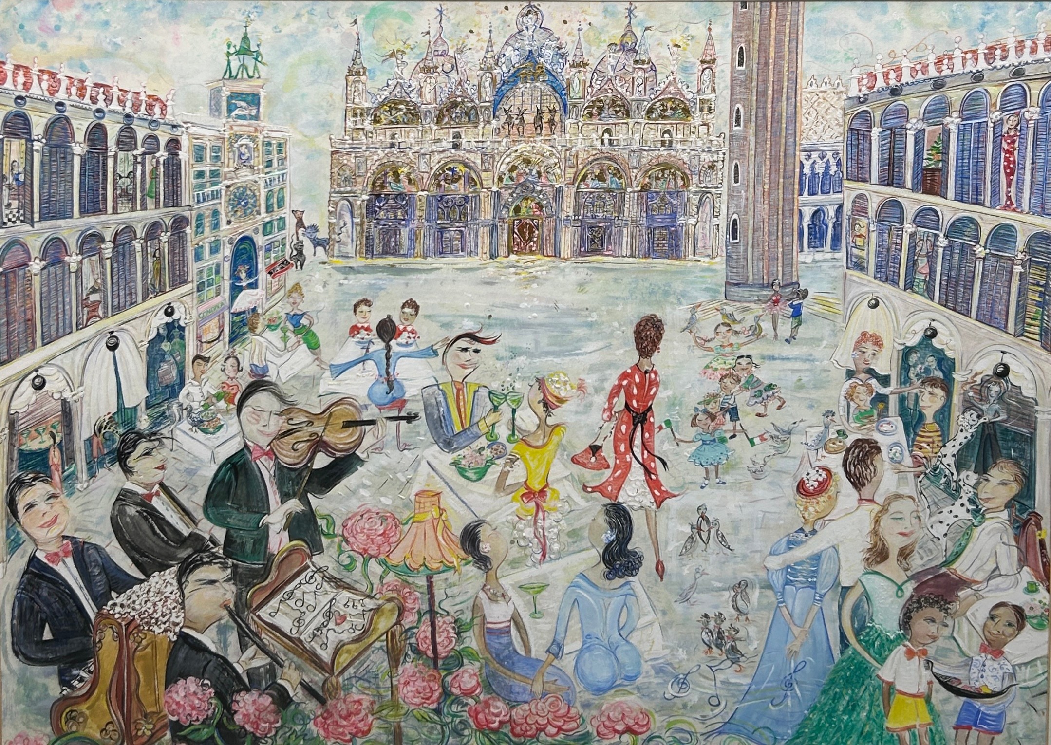 A LARGE WATERCOLOUR PAINTING ON PAPER OF MUSICIANS IN A SQUARE PROBABLY FLORENCE OR VENICE, ITALY
