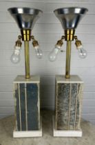 A PAIR OF GREEN AND WHITE MARBLE TABLE LAMPS AND SHADES (2) Each with twin lamp. 72cm H each.