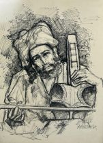 A PAKISTANI DRAWING OR PRINT OF A GENTLEMAN PLAYING AN INSTRUMENT, 73cm x 52cm Mounted in a frame
