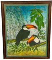 A LARGE PAINTING ON LINEN DEPICTING TWO TOUCANS IN A TREE, 75cm x 54cm. Mounted in a frame and