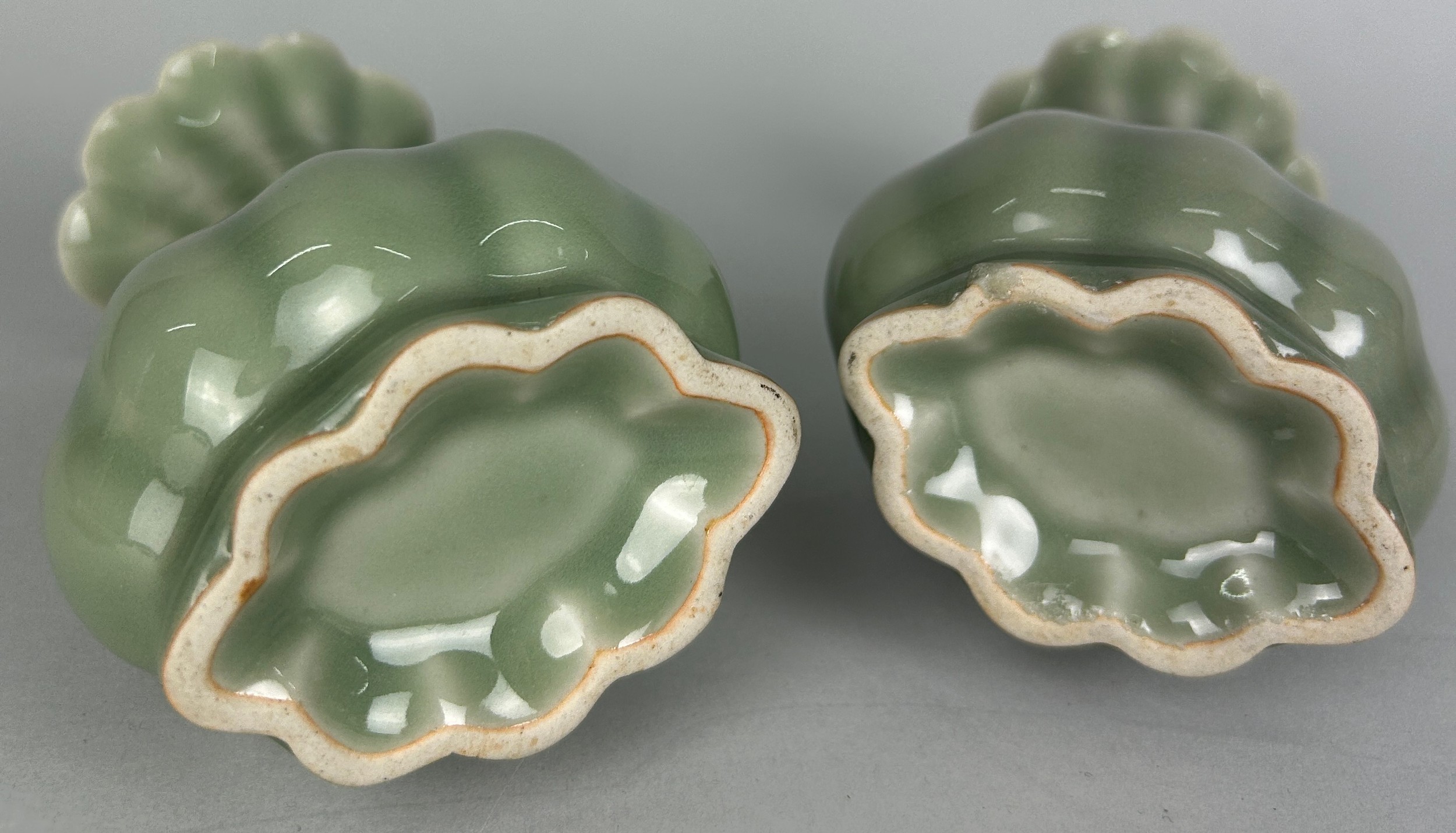 A PAIR OF CELADON YUHUCHUN SHAPED VASES, 20th Century. 15cm H each. - Image 3 of 4