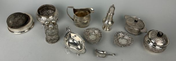 A COLLECTION OF GEORGIAN, VICTORIAN AND LATER SILVER ITEMS, To include a sauceboat, rose water bowl,