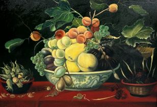 A LARGE 20TH CENTURY STILL LIFE OIL ON CANVAS PAINTING OF FRUIT, 96cm x 68cm. Mounted in wooden