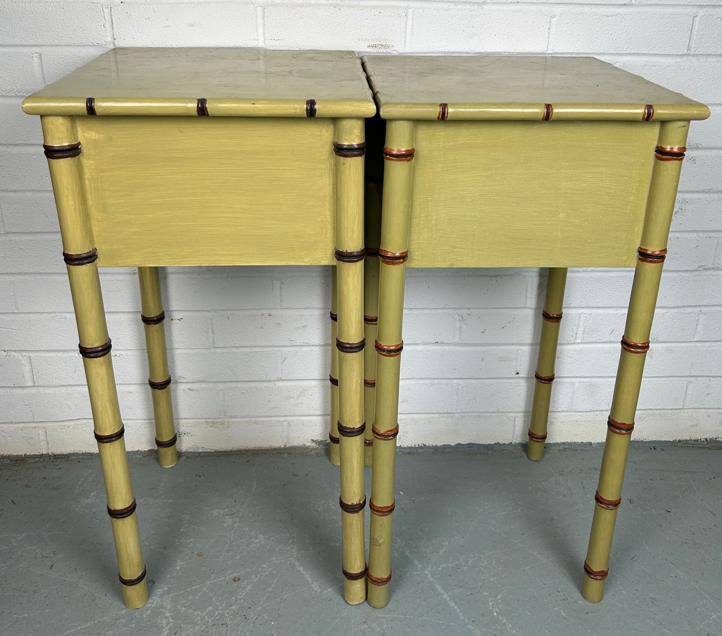 A PAIR OF FAUX BAMBOO PAINTED BESIDE TABLES WITH TWO DRAWERS (2) 75cm x 37cm x 37cm each. - Image 4 of 4