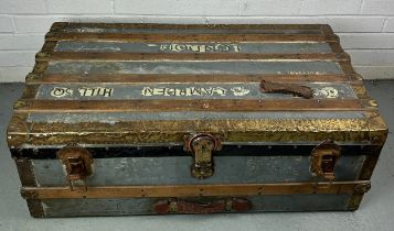 A LARGE ZINC AND BRASS BOUND EXPLORERS TRUNK, 92cm x 52cm x 33cm Late 19th or early 20th Century,