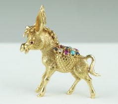 AN 18CT GOLD DONKEY BROOCH SET WITH RUBIES, DIAMONDS, SAPPHIRES AND TURQUOISE, Weight 17.8gms 45mm x