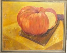 AN OIL ON CANVAS PAINTING OF A PUMPKIN, 55cm x 45cm Signed bottom left.