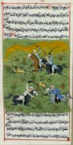 AN EARLY 20TH CENTURY INDIAN ALBUM PAGE DEPICTING FIGURES HUNTING ON HORSEBACK, 16cm x 8cm Mounted