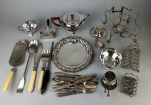 A COLLECTION OF SILVER PLATED ITEMS, To include ronson table lighter, toast racks, a pan, various