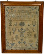 A LARGE 19TH CENUTRY NEEDLEPOINT SAMPLER, 40cm x 30cm Mounted in a burr walnut frame and glazed.