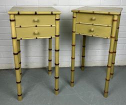 A PAIR OF FAUX BAMBOO PAINTED BESIDE TABLES WITH TWO DRAWERS (2) 75cm x 37cm x 37cm each.