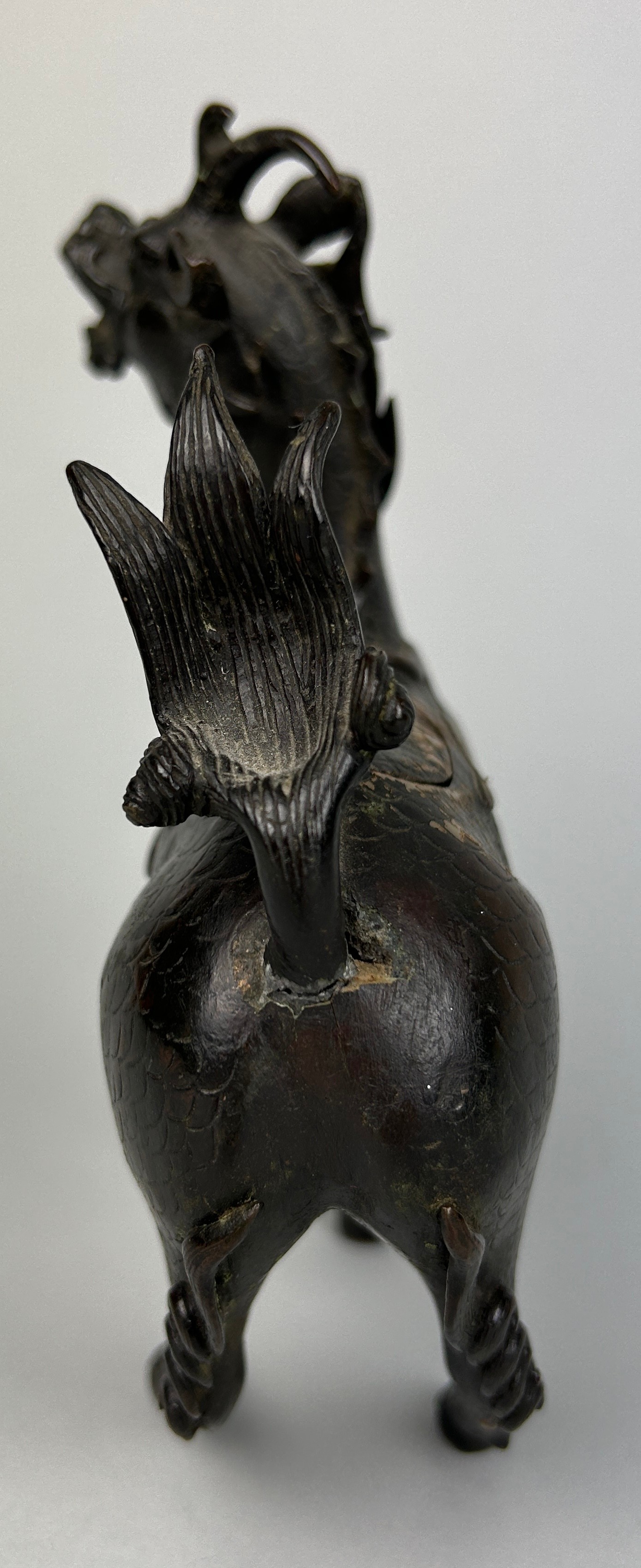A CHINESE BRONZE FIGURE OF A MYTHICAL ANIMAL, POSSIBLY 18TH CENTURY, 18cm x 14cm With opening - Image 5 of 7