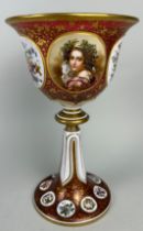 A 19TH CENTURY BOHEMIAN GLASS PEDESTAL VASE WITH PORTRAIT OF A LADY,, 33cm H