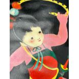 AN ORIENTAL PAINTING ON CANVAS OF A GIRL DANCING, 98cm x 98cm. Signed indistinctly bottom left.