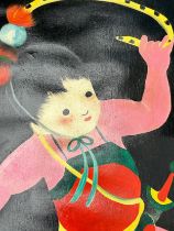 AN ORIENTAL PAINTING ON CANVAS OF A GIRL DANCING, 98cm x 98cm. Signed indistinctly bottom left.