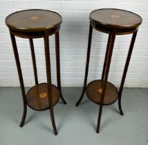 A PAIR OF SHERATON DESIGN EARLY 19TH CENTURY TWO TIER JARDINIERE STANDS WITH MARQUETRY INLAID PATERA