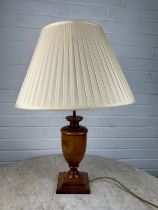 A MAHOGANY URN TABLE LAMP WITH WHITE SHADE,