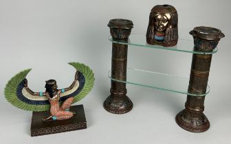 AN EGYPTIAN REVIVAL METAL SCULPTURE ALONG WITH A GLASS AND METAL STAND AND INCENSE BURNER (3)