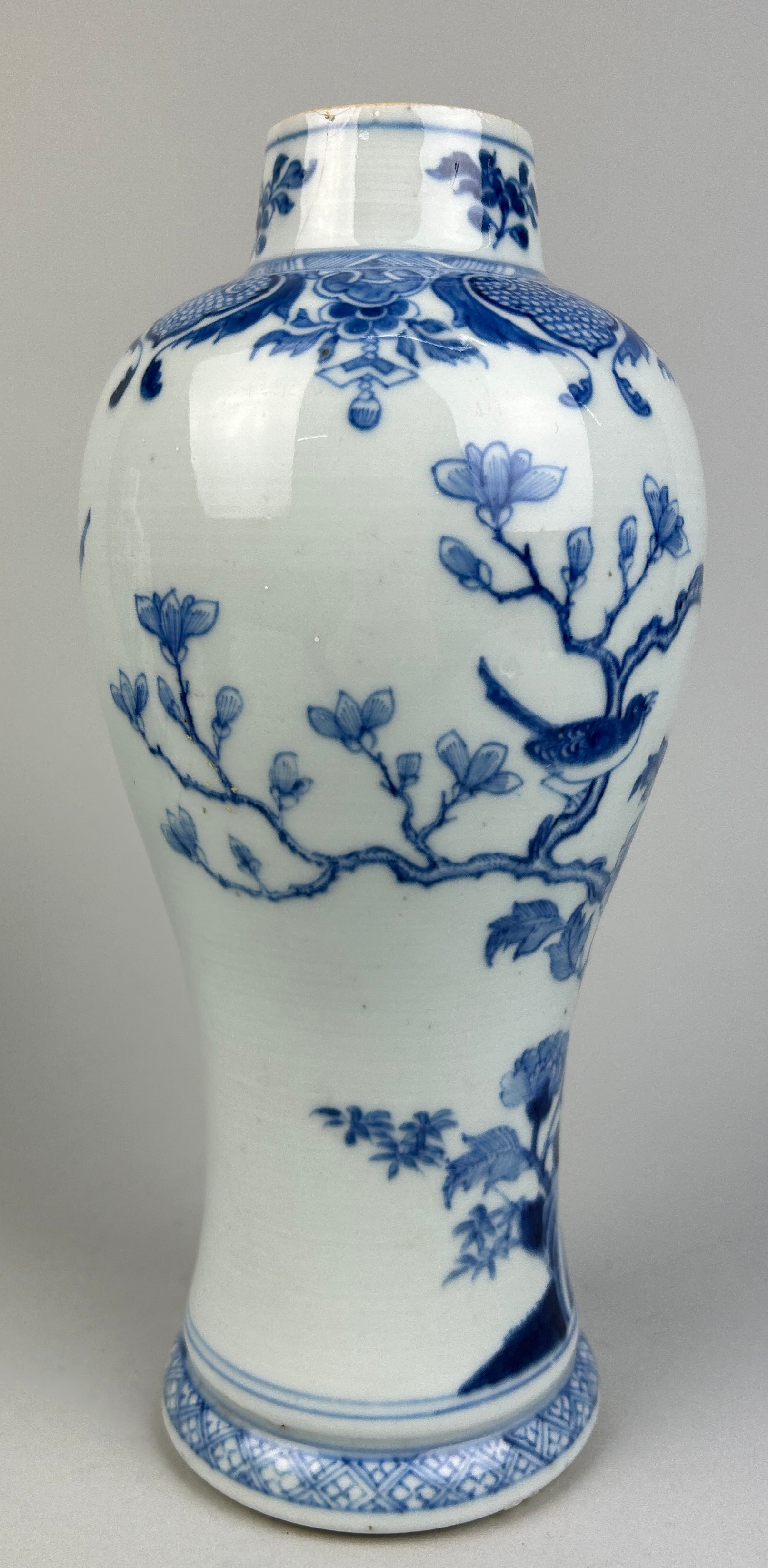 A 19TH CENTURY BLUE AND WHITE PORCELAIN VASE DECORATED WITH BIRDS AND FLOWERS, 27cm H - Image 2 of 3