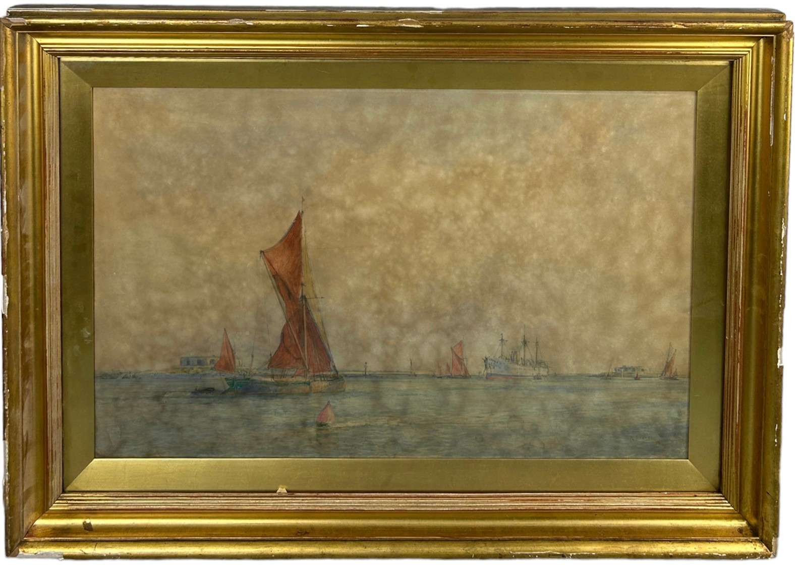HENRY BRANSTON FREER (1876-1947) A LARGE WATERCOLOUR ON PAPER PAINTING DEPICTING SHIPS IN THE