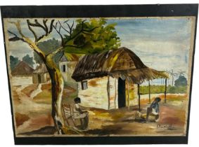 POSSIBLY WEST INDIES SCHOOL: AN OIL ON CANVAS PAINTING OF TWO WOMEN SITTING ON CHAIRS WITH HUTS
