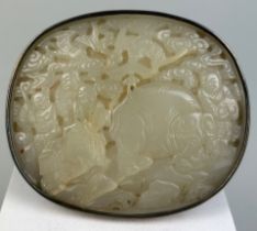 AN 18TH CENTURY CHINESE CARVED JADE PLAQUE DEPICTING FIGURES WITH AN ELEPHANT AND BATS AMONGST