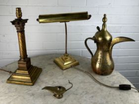 A BRASS BANKERS LAMP ALONG WITH A CORINTHIAN COLUMN LAMP, A SMALL OIL LAMP AND A TURKISH BRASS