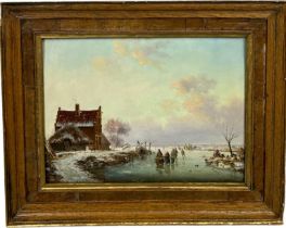 JOSEPH DE GROOT (1828-1899) AN OIL ON BOARD PAINTING DEPICTING A WINTRY DUTCH LANDSCAPE WITH FIGURES