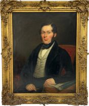 POSSIBLE DARWIN INTEREST: AN OIL ON CANVAS PAINTING OF A GENTLEMAN BESIDES A MAP LABELLED 'DEL