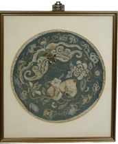 A LATE 18TH OR EARLY 19TH CENTURY CHINESE SILK CIRCULAR PANEL DEPICTING BATS, FLOWERS AND FRUIT,