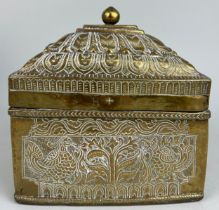 A 19TH CENTURY BRASS CASKET POSSIBLY INDIAN OR KHAJAR DECORATED WITH PEACOCKS AND FOLIAGE, 17cm x