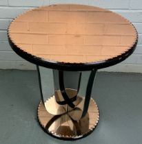 AN ART DECO PEACH GLASS TABLE, 52cm x 50cm Some damage to top.